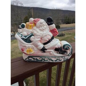 Vintage Santa in Sleigh Blow Mold Christmas Decor Red White 12.5 Inch